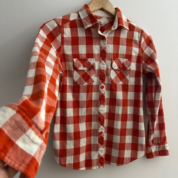Land's End canvas women's extra smalll plaid orange and cream shirt 100% cotton - Picture 3 of 8